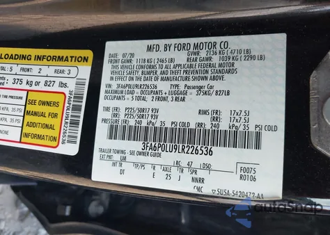 2020 Ford Fusion Hybrid Se z USA, uszkodzony, nr VIN 3FA6P0LU9LR226536